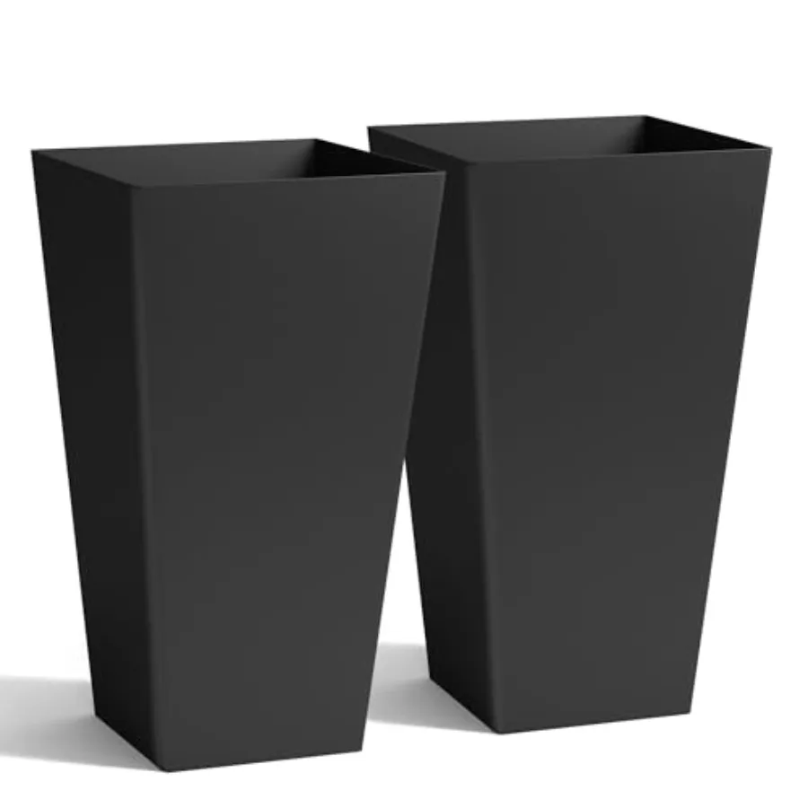 Garden 20 Tall Planters Set of 2 Large Black Tapered Plastic Flower Pots for Indoor Outdoor Use Modern Plant Containers with Dr