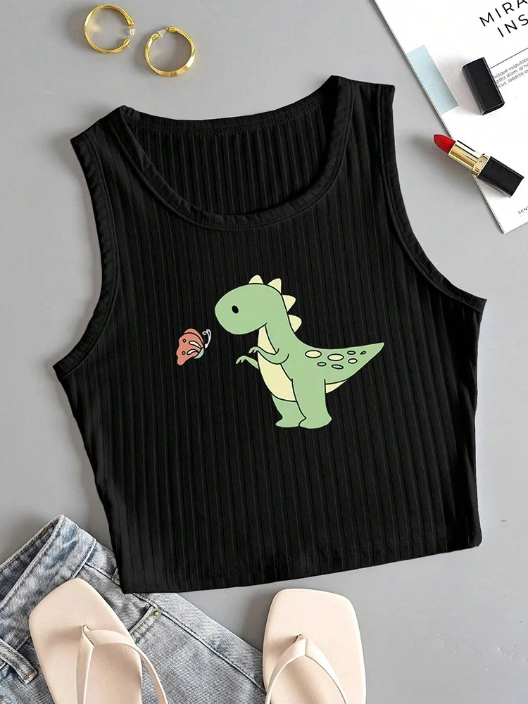 

2024 Summer Cute Women's Sleeveless Crew Neck Tank Top Fun Dinosaur Print Tank Top Women's Short T Shirt Cool Street Fashion Top