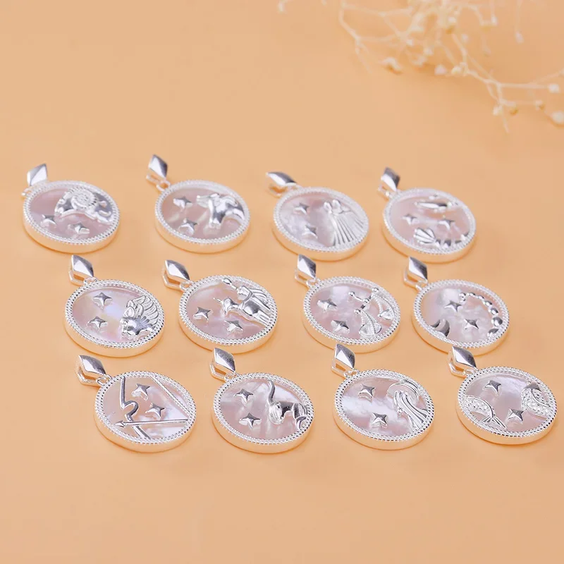 S925 sterling silver natural shell pendant for Twelve Constellations DIY bracelet necklace jewelry accessories for women