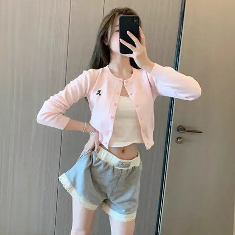 Dopamine Pink Thin Knit Cardigan Short Long Sleeved Jacket for Early Autumn, Chic Top for Women