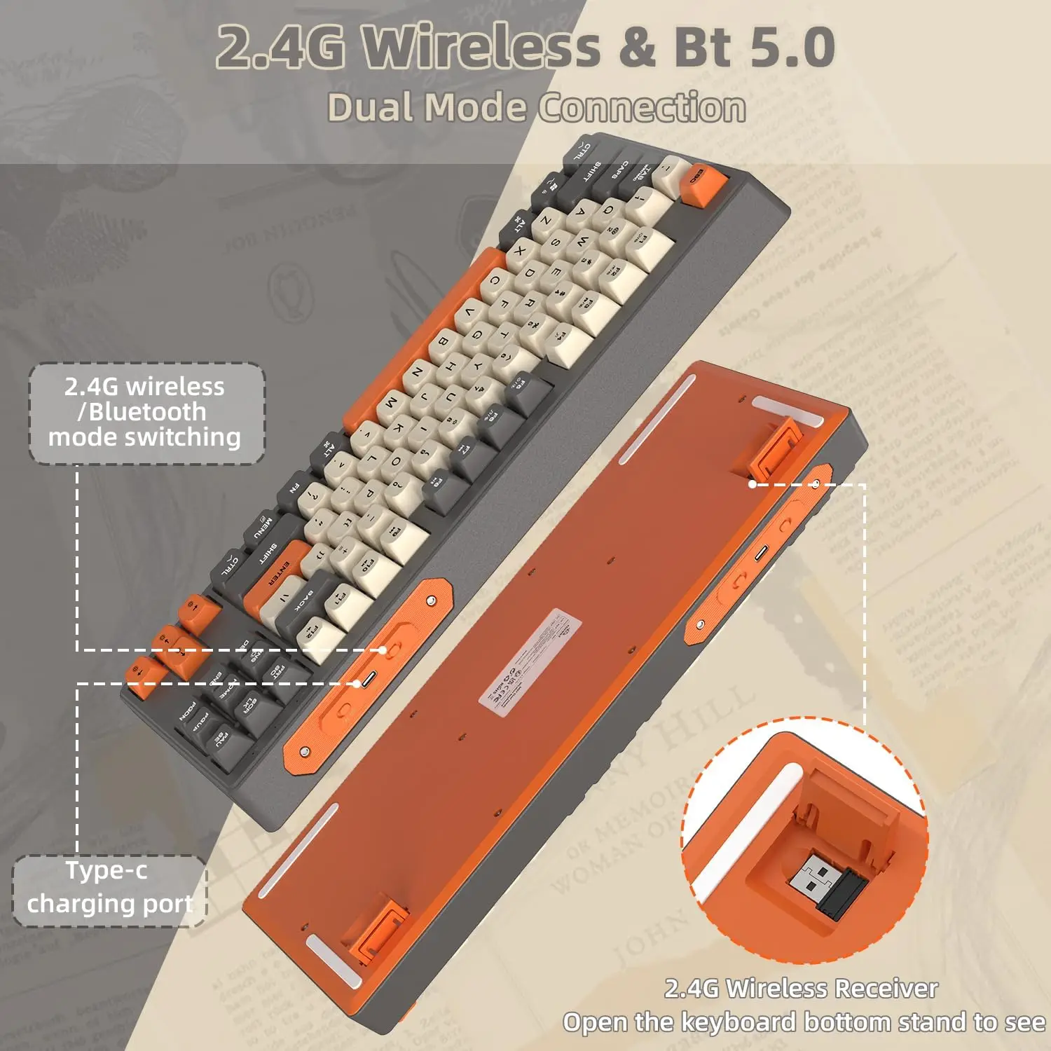 M87 Wireless Gaming Keyboard, Bluetooth 5.0/2.4GHz with Dual Mode 2-in-1 Receiver, 87 Keys TKL Rainbow LED Backlit Quiet Keyboar
