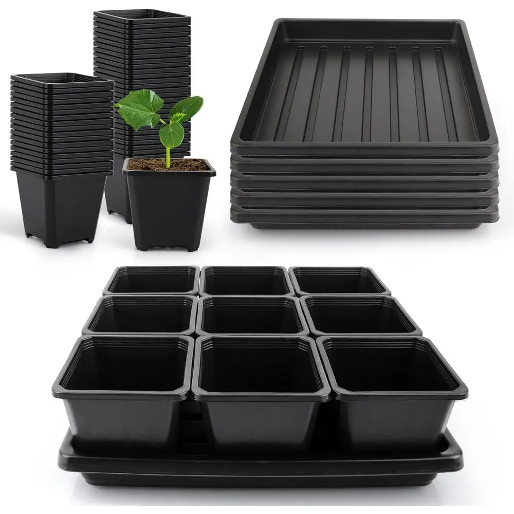 50 Pack 3.5 Square Plant Pots with 5 Seedling Trays, Starter Kit for Seed Germination, Drainage Holes, Nursery Propagation