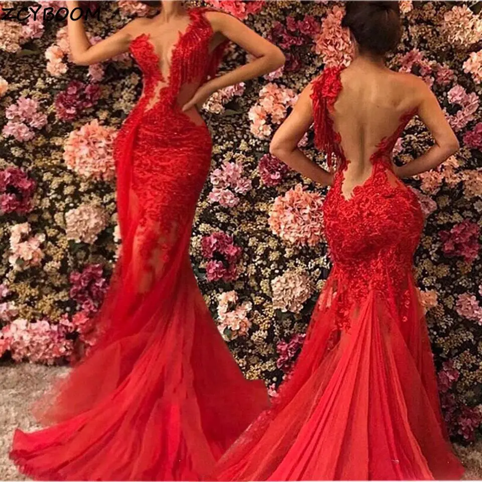 Red Mermaid Evening Dresses 2025 Sexy Women Formal Party Night Elegant Lace Appliques Sleeveless One-Shoulder Long Prom Gowns