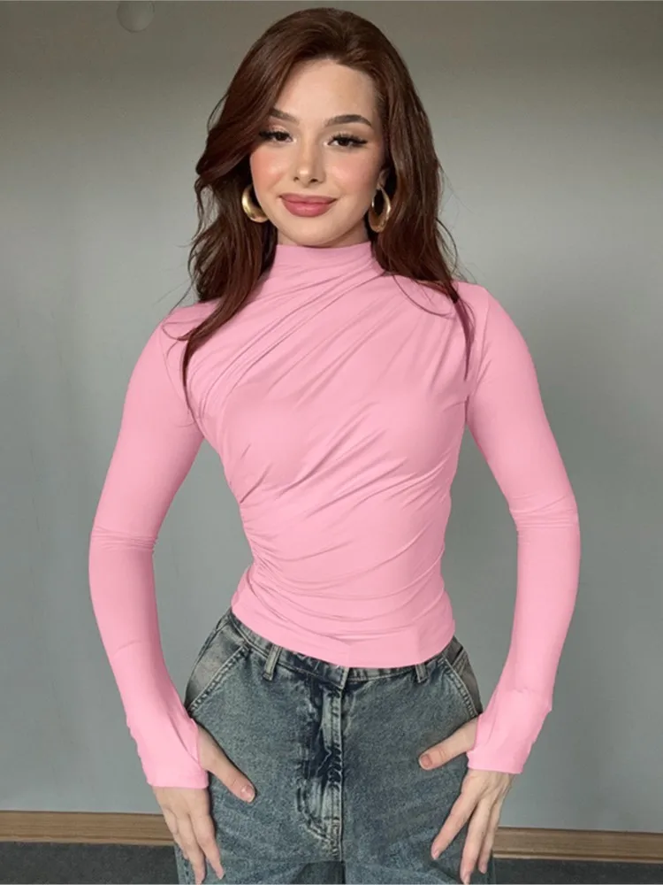 

Solid Color High Neck Elegant Tops For Woman Fashion Chic Pleated Long Sleeves Slim Shirt Spring Autumn Ladies Sexy Blouses