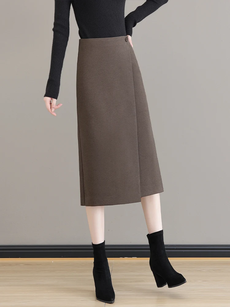

High Waist A-Line Skirt Women's Autumn Winter New Style Woolen Asymmetrical Skirt Business Casual Thickened Polyester