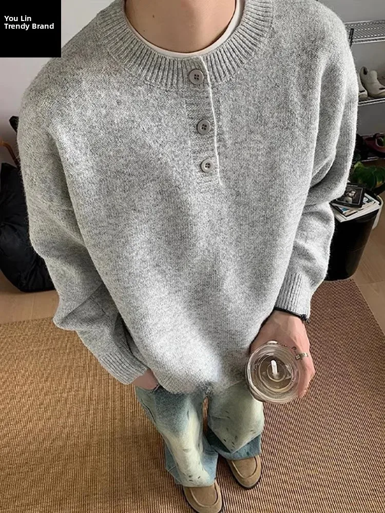 

Серый мужской трикотажный свитер с воротником хенли в американском стиле, осенне-зимний, свободного кроя, повседневный, базовый слой, Cleanfit, для ношения под одеждой