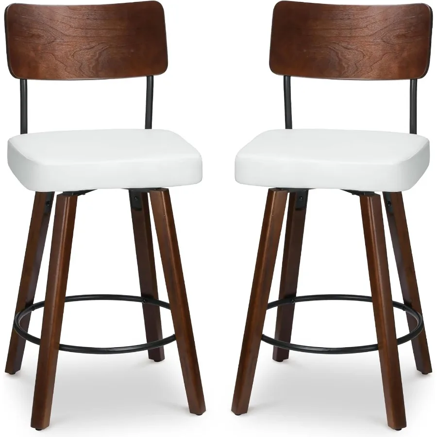 

Bar Stools Set of 2 25" Counter Height Bar Chair with Wood Back and Legs Upholstered Faux Leather Barstool Wrap-Around Footrest
