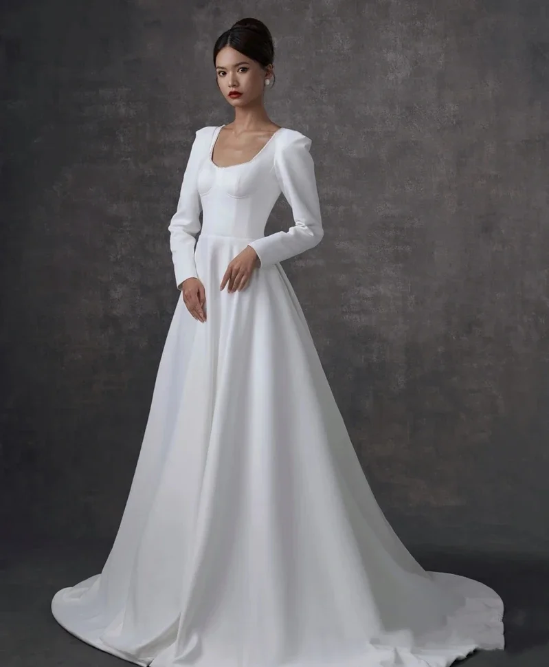 

Flavinke Wedding Dresses A-Line Satin For Bride With Long-Open Back Full Sleeves Custom Made Plus Sizes Vestidos De Noviass