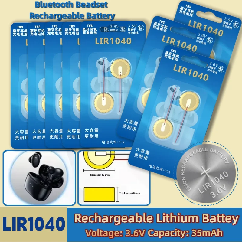 

High Quality LIR1040 3.6V 35mAh Rechargeable Button Battery Steel Shell for TWS Bluetooth Headset Earphone Replacement Cells