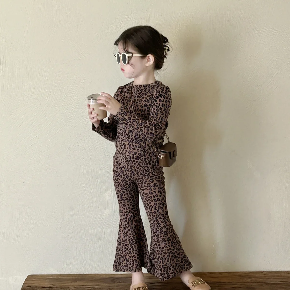 Girl Leopard Pattern Sets 2024 Autumn New Collection Korean Long Sleeved Shirt Bell-bottoms Stylish Elastic Knitted Suit