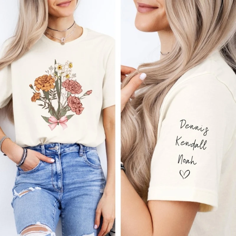 

Personalized Birth Month Flower Bouquet Mom's Garden Shirt Floral Mom T-shirt Kids Name Tee Custom Gift Regular short sleeve
