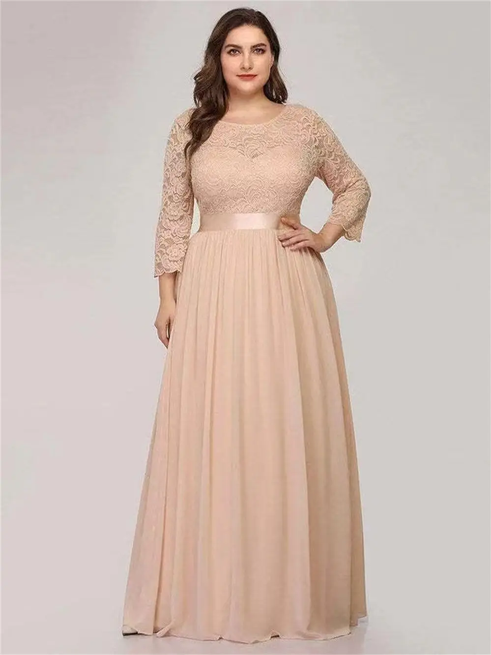 

3/4 Sleeve Mother of the Bride Dresses Round Neck Lace Belted Ladies Birthday Party Dresses Formal Occasion Dresses فساتين طويلة