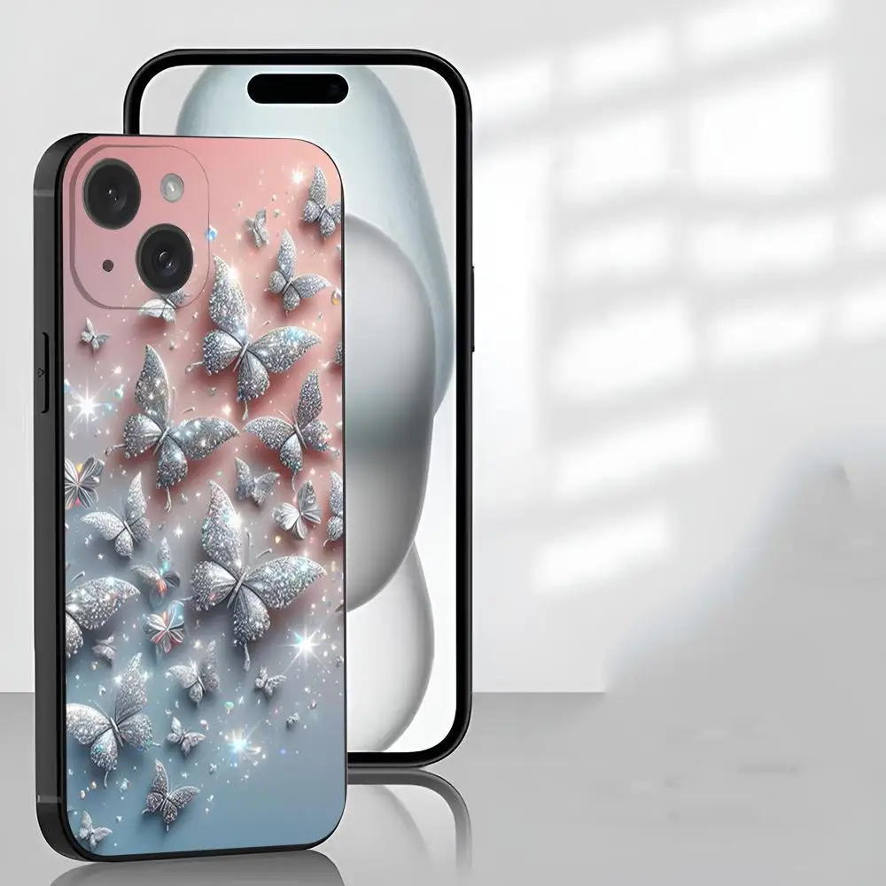 Funda de teléfono con mariposa de diamante para niña, funda blanda negra MagSafe para IPhone 16 15 14 13 12 11 Pro Max Plus Mini