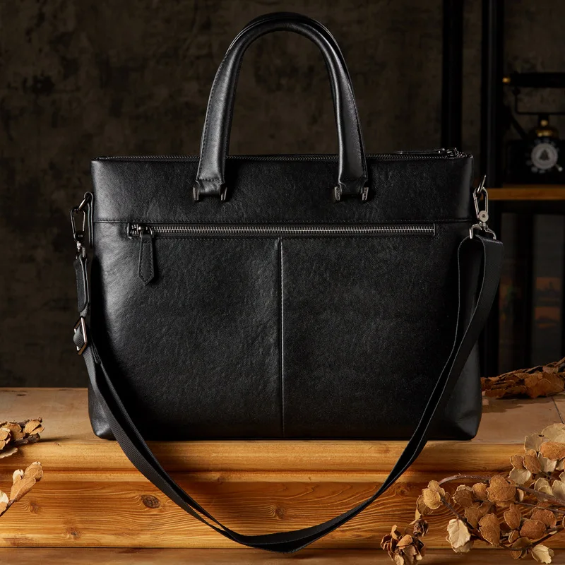 Genuine Leather Business Briefcase Men's Shoulder Messenger Bag Casual Simple Cowhide Handbag Computer Bag Men's Black Bags