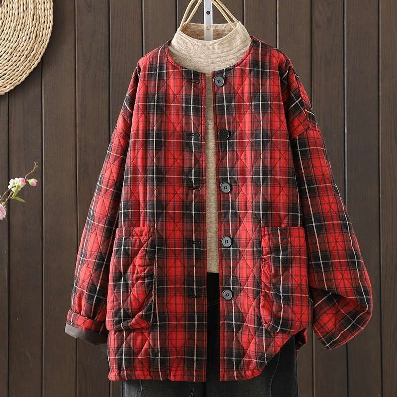 

Легкое повседневное свободное женское хлопковое пальто-джат, круглое осенне-зимнее новое длинное пальто в клетку с узором в клетку