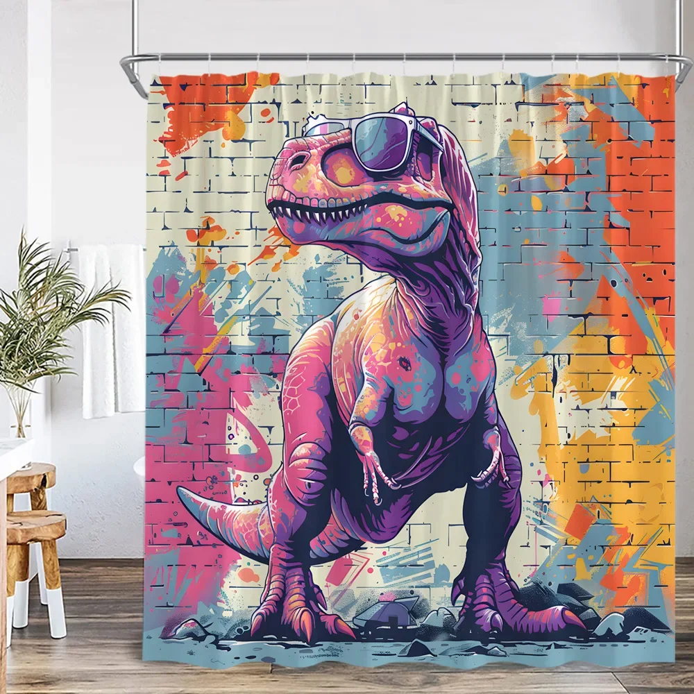 Funny Dinosaur Kids Shower Curtain Dino Tropical Jungle Safari Animal Waterfall Mountain Art Bath Decor Polyester Bath Curtain