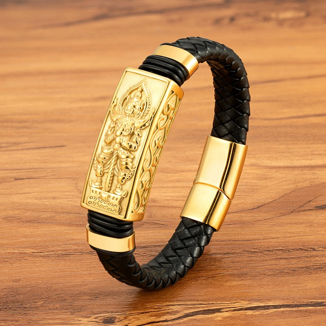 XQNI Ancient Pattern Battle Buddha Bracelets Classic Stainless Steel Magnetic Buckle Rope Weaving Jewelry Birthday Gifts For Men