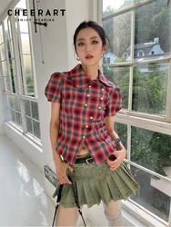 CHEERART Vintage Plaid Buffalo Peter Pan Collar Puff Sleeve Button Up Shirt For Women 2023 Summer Top And Blouse French Style