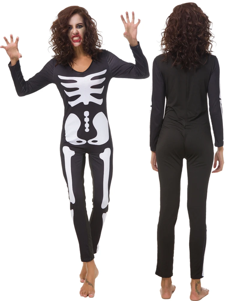 Kostum zombie horor cetak kerangka karnaval Halloween, kostum hantu tengkorak, jumpsuit tengkorak bermain peran, kostum cetak 3D