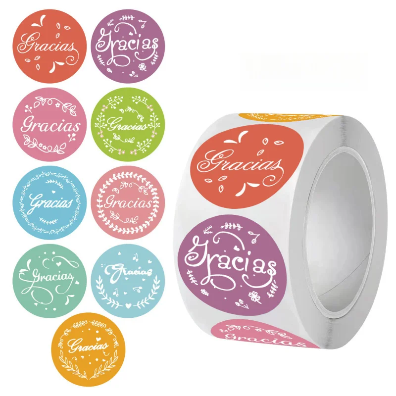 500 Stück spanische Dankesaufkleber in Macaron-Farbe, 9 Muster, Backverpackung, runde Graffiti-Dankeschön-Aufkleber, DIY-Geschenkbox-Verpackung