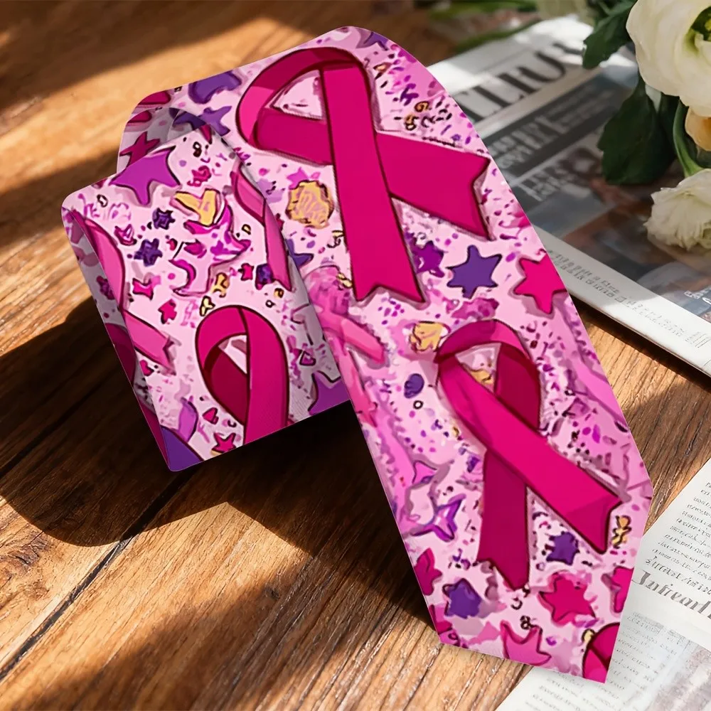1pc Men' Breast Cancer Awareness Tie Ribbon for Professional Social Events Charity Accessory Elegant Cause-Related