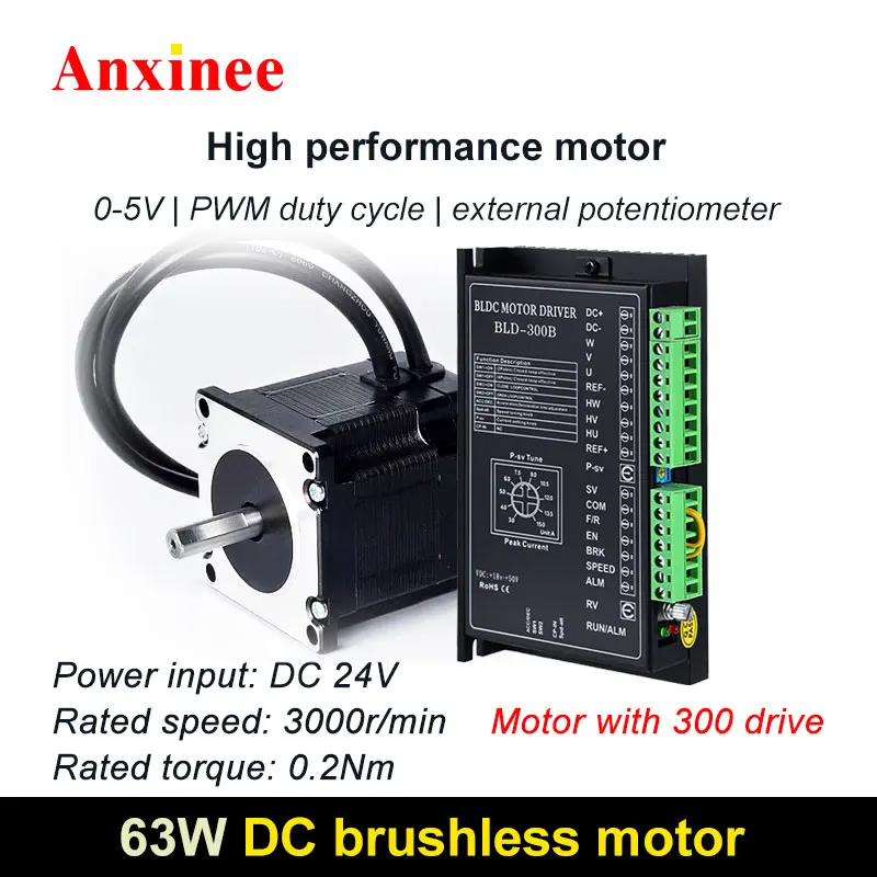 

High Efficient 24V 63W DC 3-Phase Brushless Motor 3000rpm With BLD-300B Speed Controller