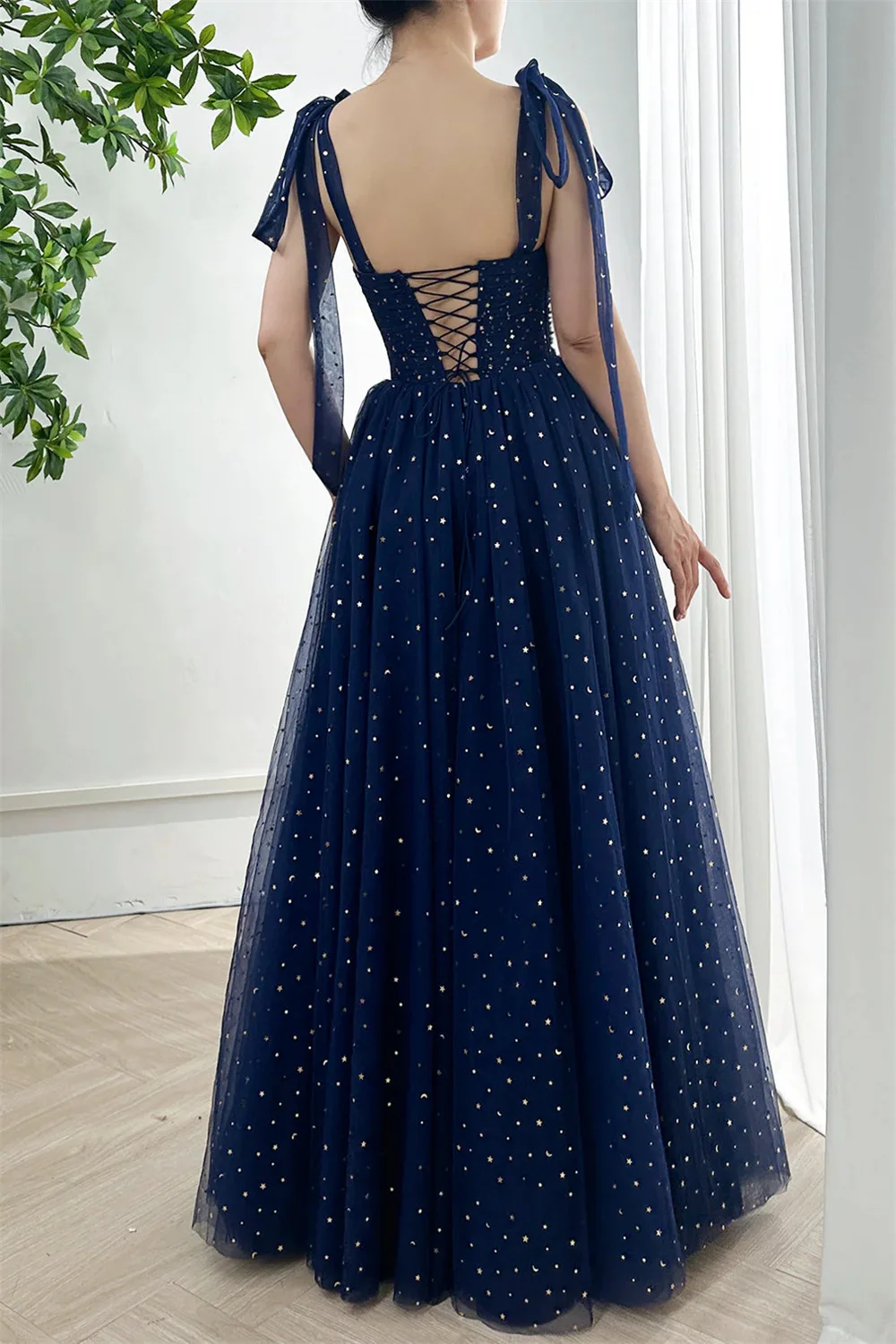 Cathy Navy Blue Side fessura paillettes abiti da festa tessuto a rete Spaghetti Strap vestidos de noiva Backless abiti da sera 2024