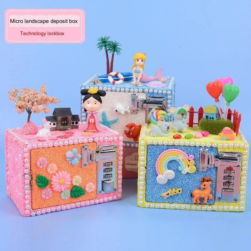 

Children's diy technology password box micro landscape deposit box wooden assembled storage snowflake clay craft