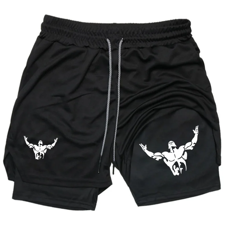 Bodybuilder Print 2 in 1 Running Shorts Men's Fitness Training Quick Dry Short Pants Male Outdoor Sport Jogging Pocket Bermuda