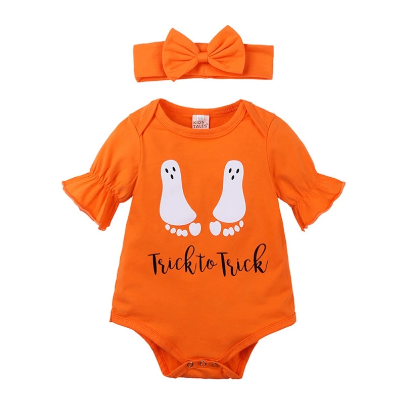 

Halloween Baby Girls Triangle Bag Fart Clothes Ghost Print Trumpet Sleeves Toddler Hoodie Crawling Girls Short Sleeved Jumpsuit