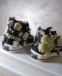 Embroidered Beaded High Top Canvas Shoes