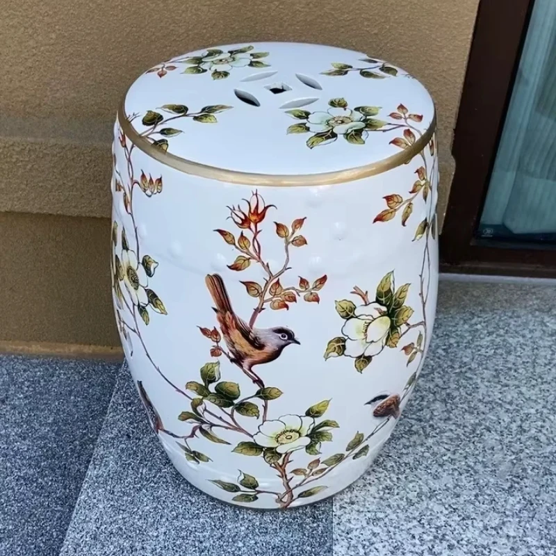 السيراميك الغرور البراز حذاء البراز زهرة الطيور طبل البراز الخزف الرصيف المطرزة العثماني ديكور المنزل H45X28cm