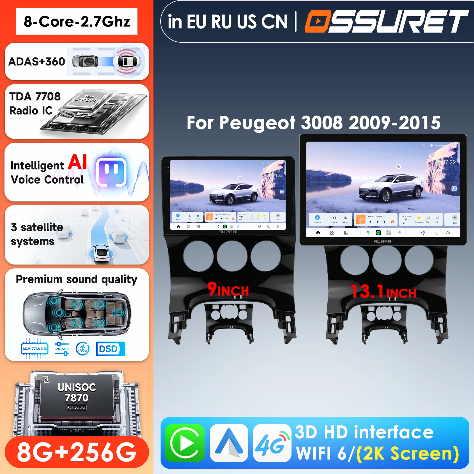 13.1' 2K экран, Carplay, 4G, 2DIN Android автомагнитола для Peugeot 3008 AT MT 2009-2015, GPS-плеер, стереосистема, интеллектуальные системы, ADAS