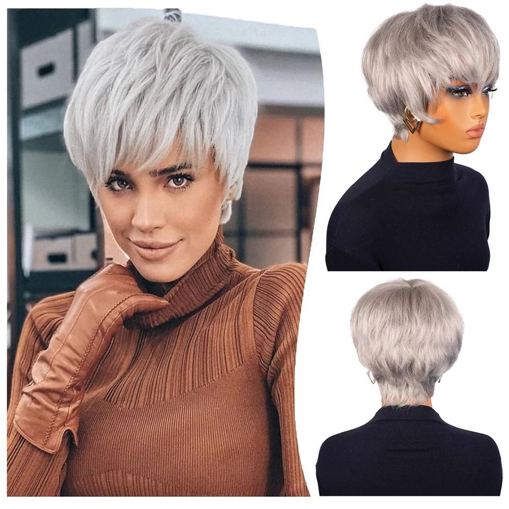 Серебристо-серые прямые парики из натуральных волос Короткий парик с стрижкой пикси Бразильские волосы с предварительно выщипанной челкой Машинное производство для женщин Ежедневное использование