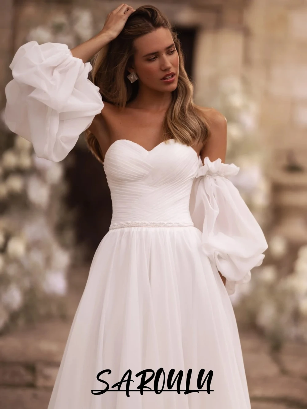 

Ivory Sweetheart Neckline Wedding Dress With Detachable Puff Sleeves Romantic Plus Size A Line Customized Simple Bridal Gown