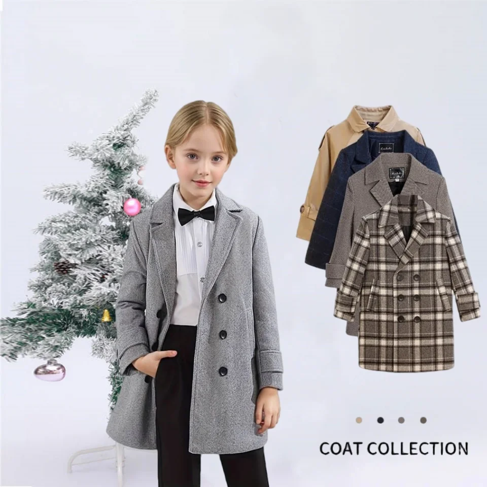 

Children Windproof Outdoor Jacket 2-11Y Princess Girls Retro Gary Winter Thick Warm Wool Coat Kids Photography Woolen Coat