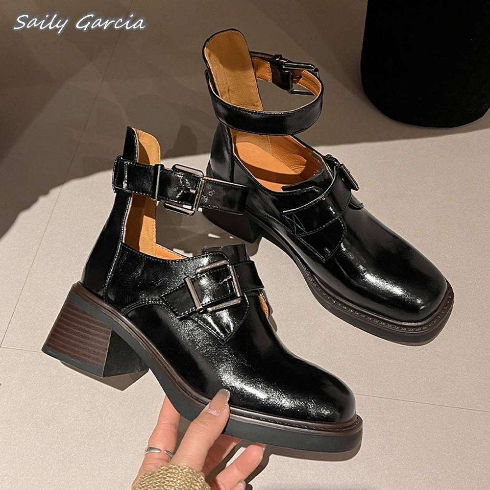 

Genuine Leather Hollow Buckle Strap Shoes 2024 Mary Jane Sweet All-Match Leather Shoes Round Toe Platform Casual Women Shoes