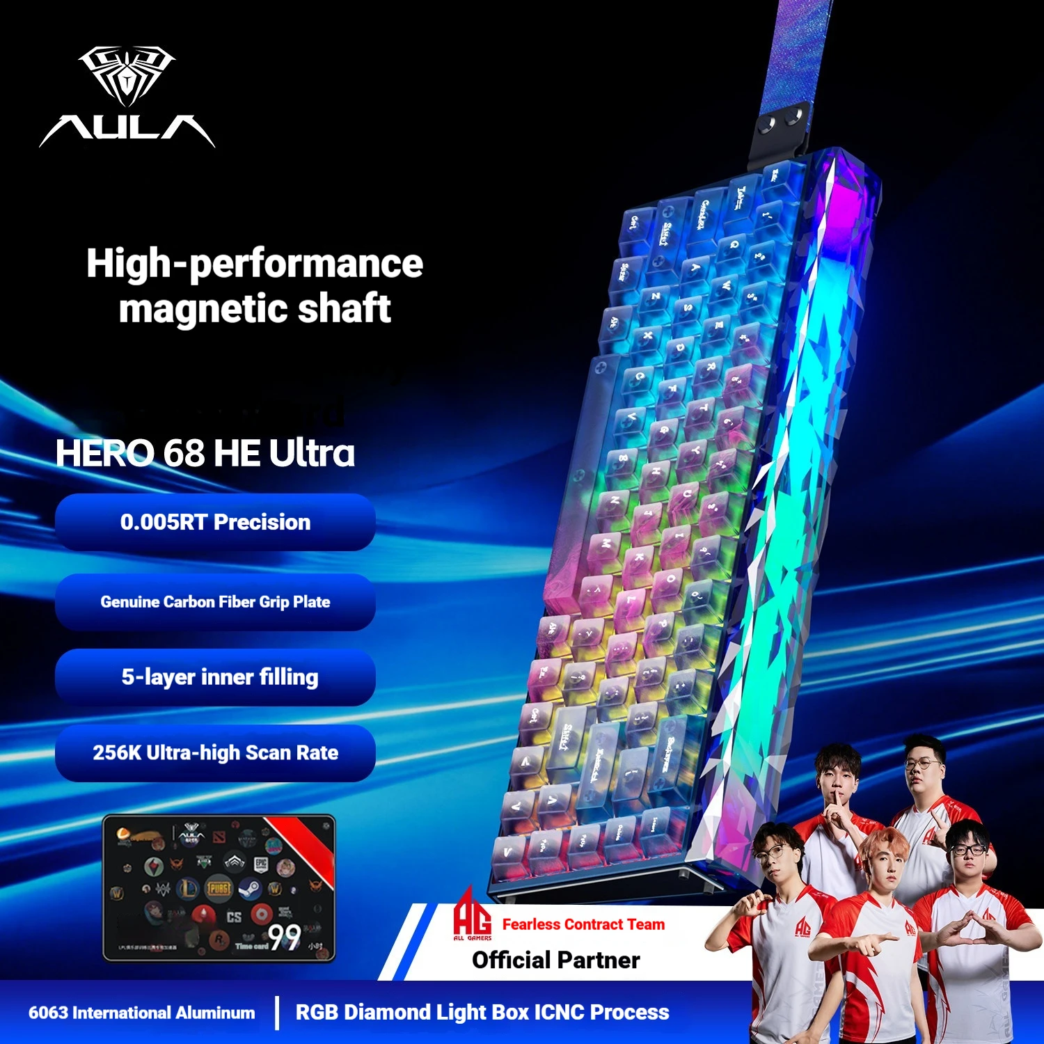 

Игровая клавиатура AULA Hero68HE Ultra с проводным магнитным переключателем, алюминиевый сплав, RGB-подсветка, точность 0.005RT, частота сканирования 256K для геймеров FPS на ПК