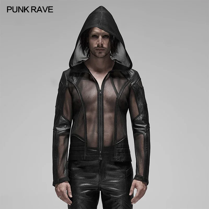 

PUNK RAVE Men's Punk Mesh Hoodie Irregular Sleeve Plastic Teeth Zipper Perspective Thin Short Coat Mens Hoodies