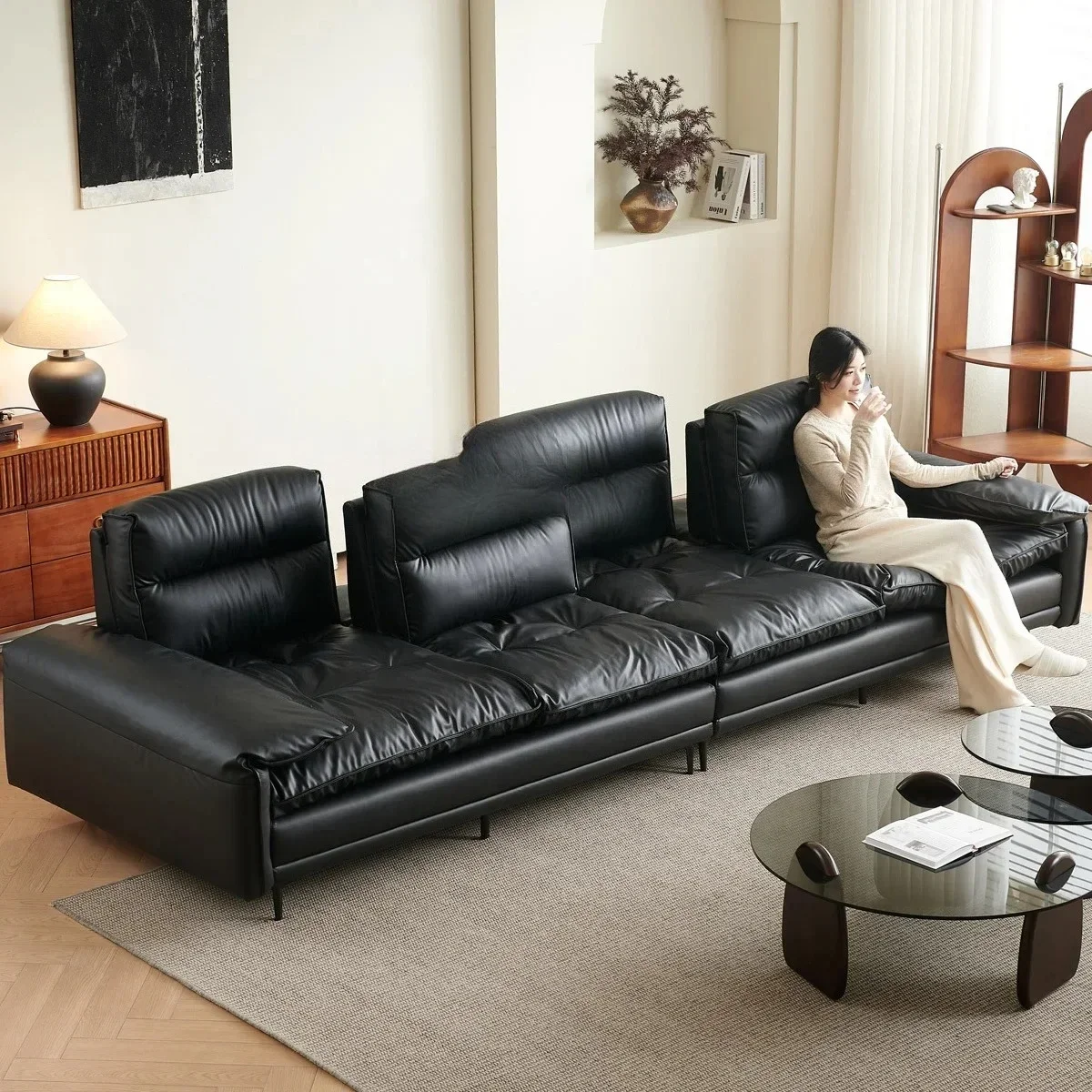 

Italian minimalist adjustable backrest super deep sitting wide silicone leather living room retro light luxury sofa