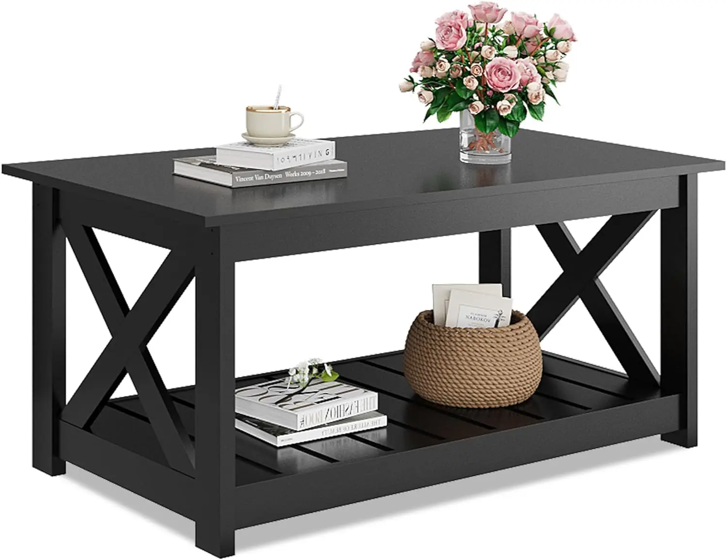 

Farmhouse Coffee Table 40.1" with X-Frame Support & Storage Shelf, Rustic 2-Tier Wood Center Table for Living Room Bedroom