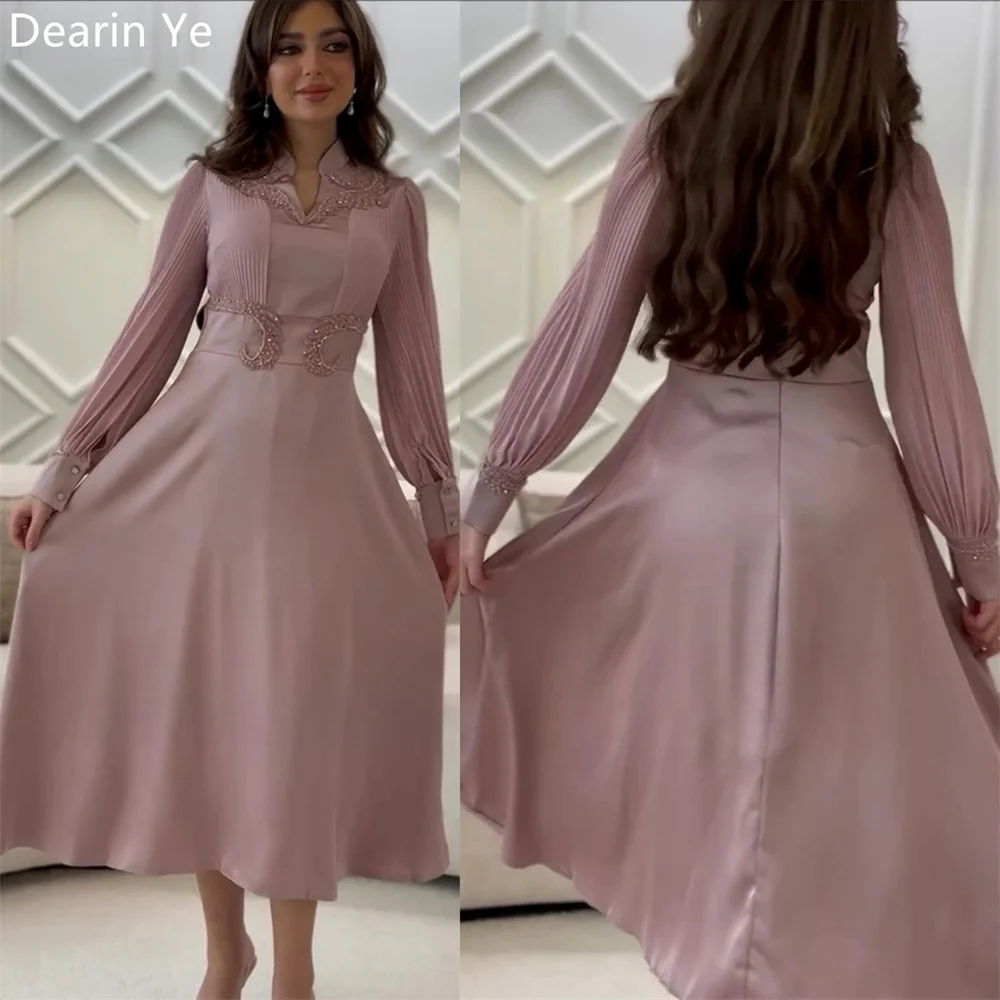 

Saudi Arabia Formal Dress Dearin High Collar A-line Tea Length Skirts Draped Beading Bespoke Occasion Dresses Prom Evening Gown