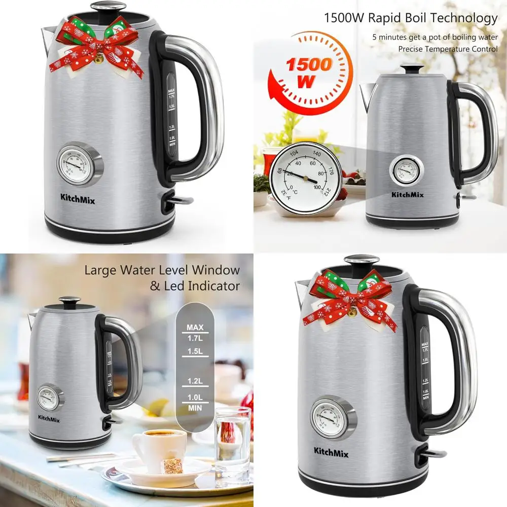 

1500W 1.7L Stainless Steel Electric Kettle with Thermometer, Auto-Off, Boil-Dry Protection, Cool Handle, BPA-Free