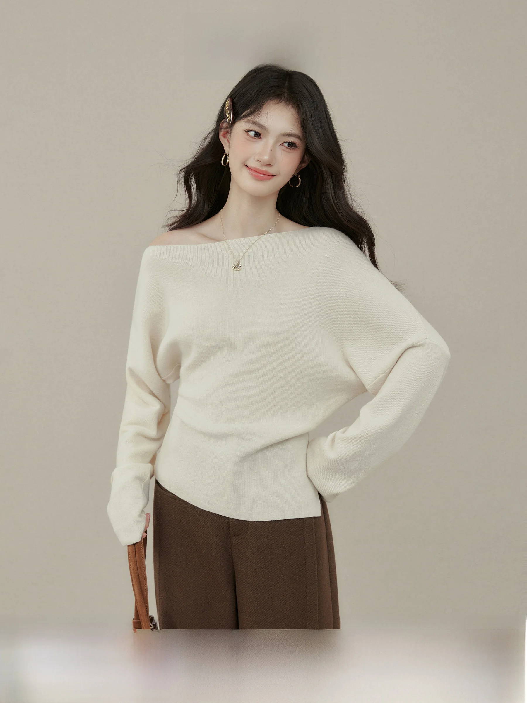 

Вязаный облегающий базовый топ Ouyang Xi f Moment Joy Oaeal для женщин, с длинным рукавом, осенне-зимняя мода