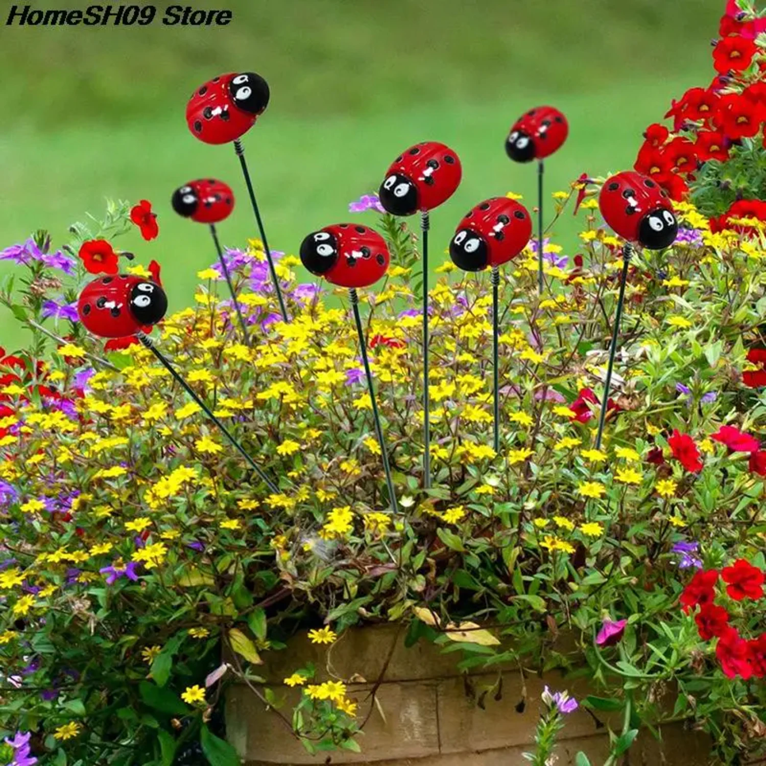 Colorful 10PCS Bunch of Multichamber Insect ladybug Stakes for Flower Pots Garden Yard Plant Decorations