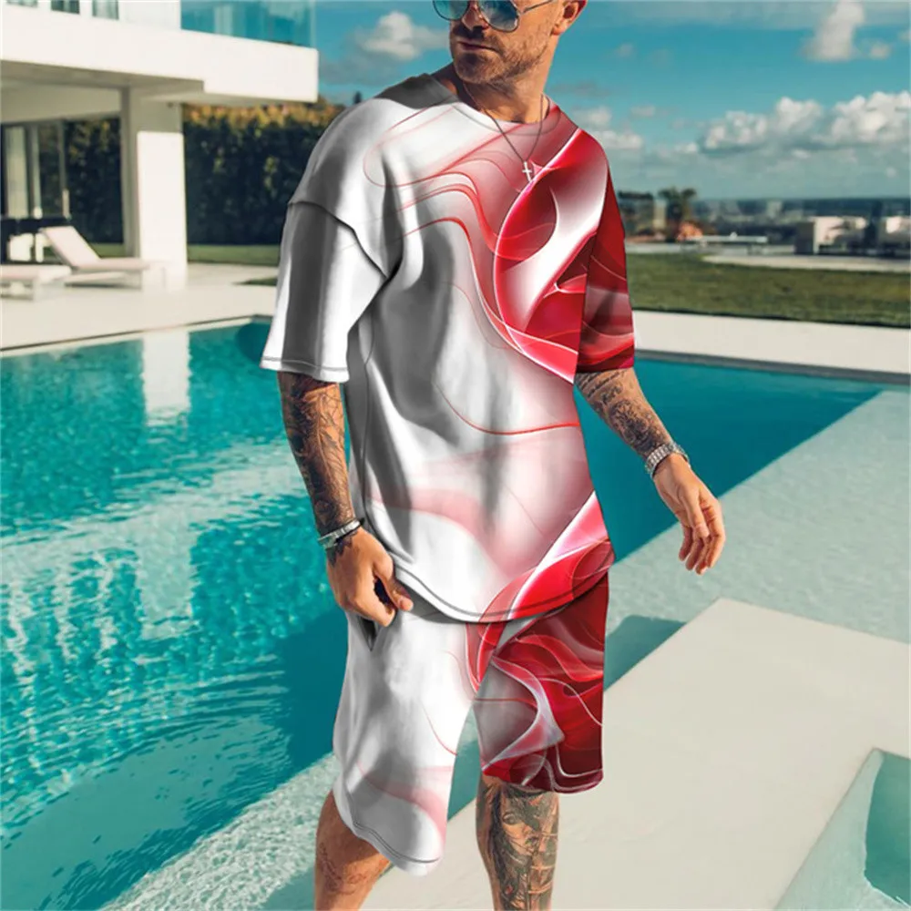 2023 Men\'s Outfit Summer Short Sleeve T Shirt Set Fashion 2 Piece Streetwear 3D Printed Sports Beach Shorts Sportswear Men\'s