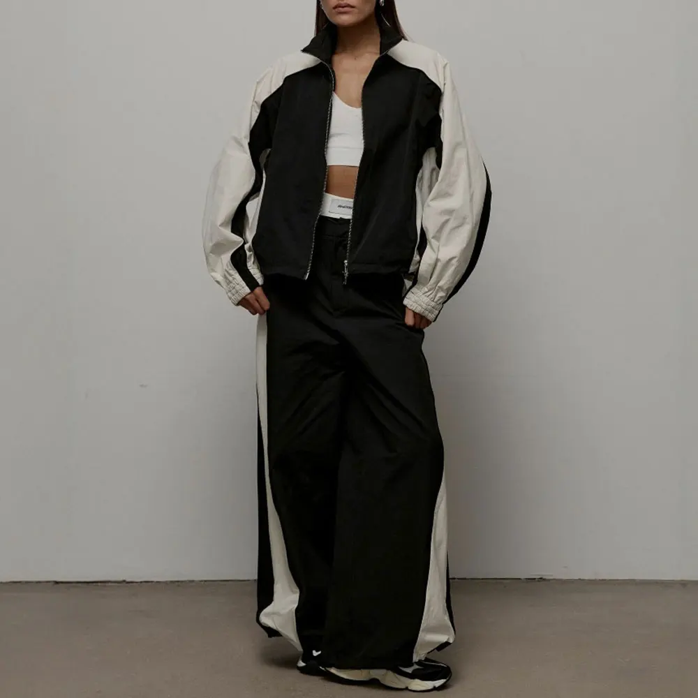 レディースカジュアルファッションコントラストドローストリングスポーツジャケット＆パンツセットヨーロッパアメリカンスタイルツーピーススーツ