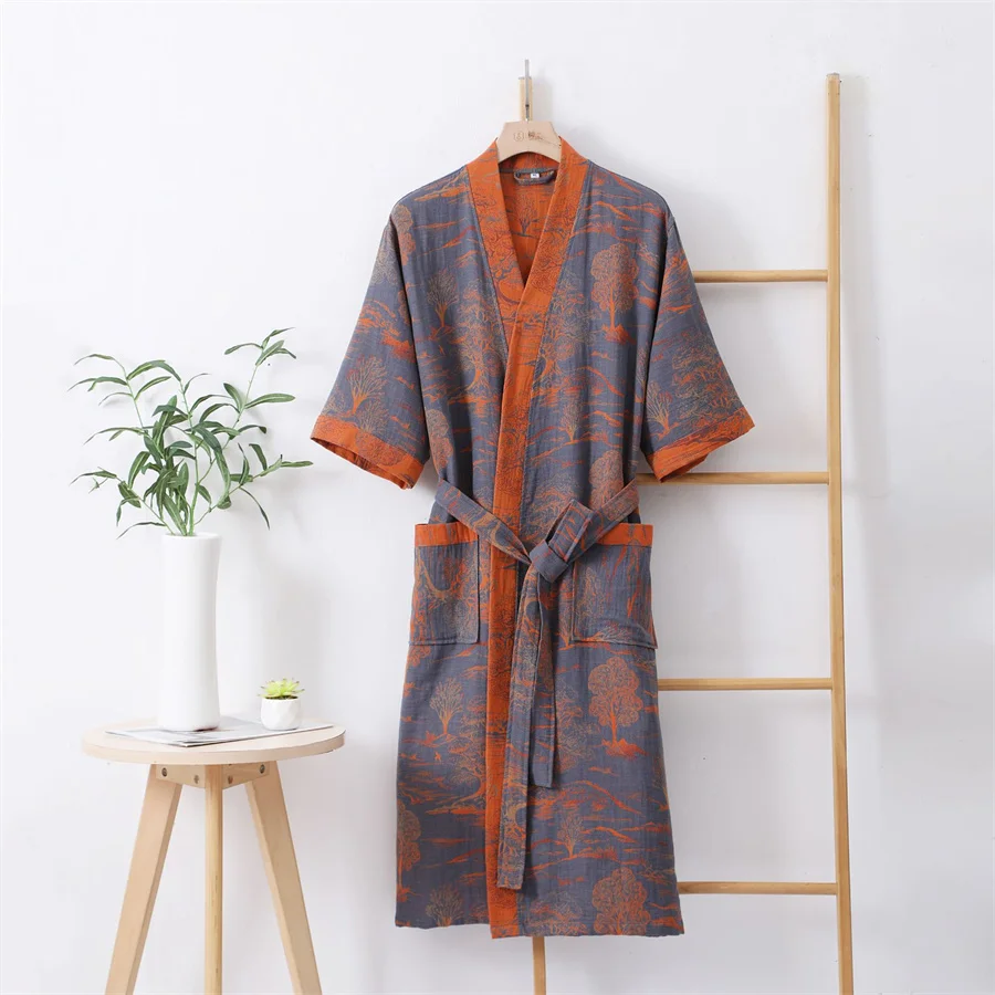 Summer Couple Dressing Gown Double Layer Gauze Bathrobe Men Shower Robe Loungewear Women V-neck Kimono Sleepwear Night Dress