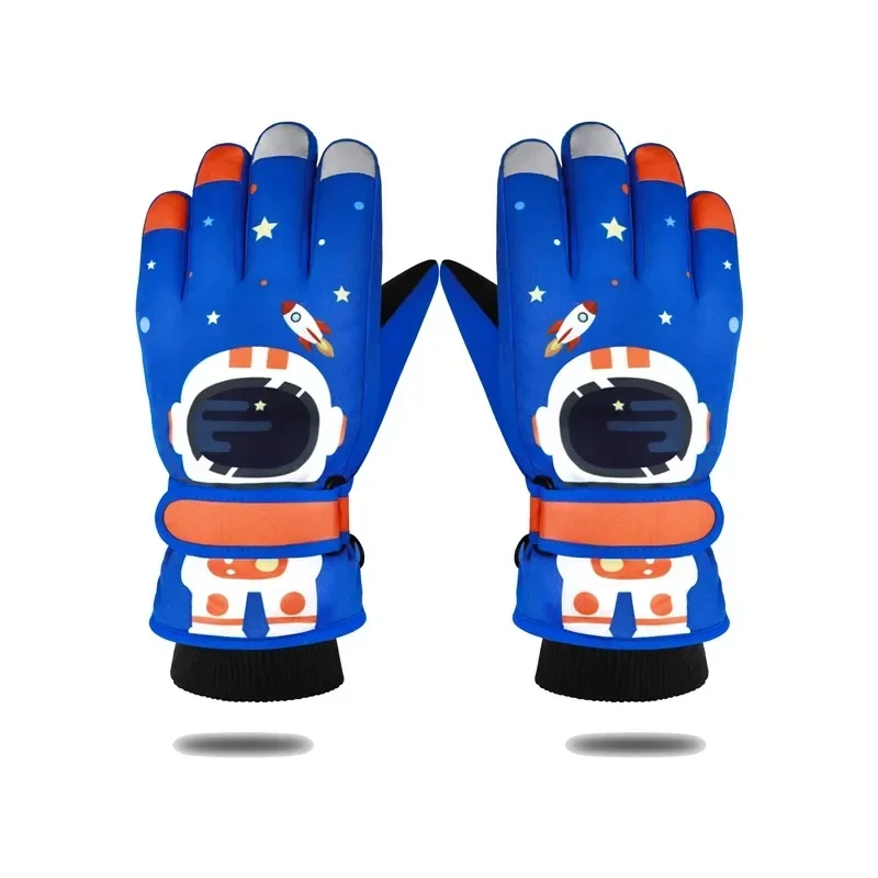 Children's Winter Ski Gloves Astronaut Pattern Five Finger Elementary Riding Thick Windproof Touch Screen Cartoon Warm Gloves