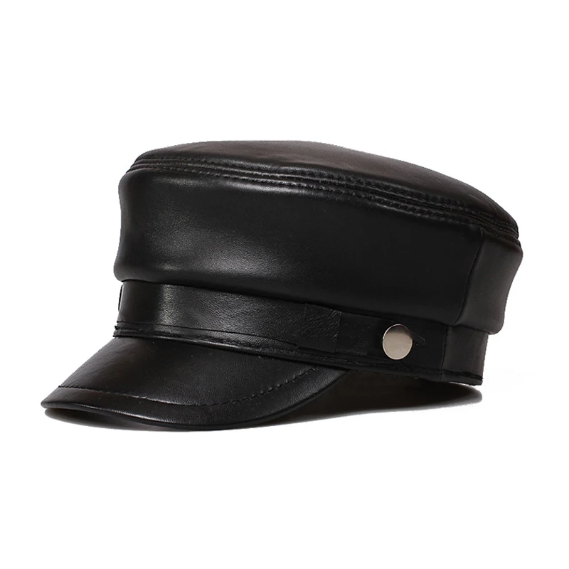 Deluxy Patent Leather Hat For Men European American Black Cadet Hat German Motorcycle Flat Top Captain Caps With Windbreak Belt